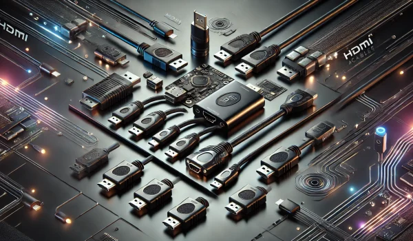 DALL·E 2025-02-28 19.58.13 - A creative and modern banner image featuring HDMI adapters and cables. The design should be sleek and professional, showcasing different types of HDMI